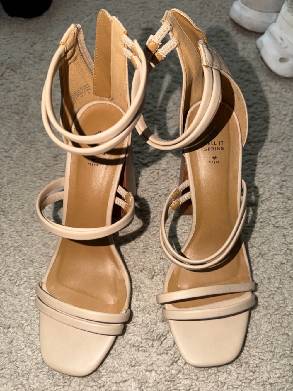 Call It Spring Beige Strappy Square-Toe Heeled Sandals